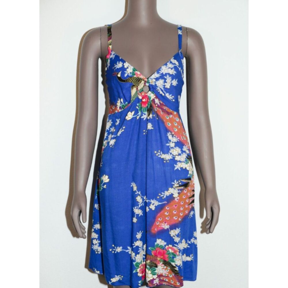 Vintage Peacock Print Sundress Small Blue Floral Boho Beach Summer Y2K Tropical